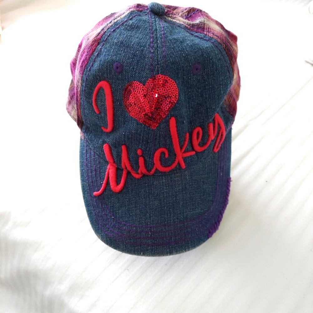 Disney Adjustable I Love Mickey hat Denim Plaid